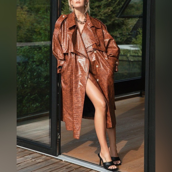 Nasty Gal Jackets & Blazers - Nasty Gal Brown Oversized Faux Leather Croc Embossed Trench Coat XXL